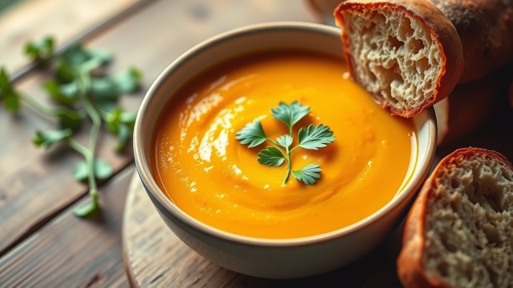 Savory Carrot Ginger Soup Recipe A warm bowl of carrot ginger soup with cilantro garnish on a wooden table with bread.